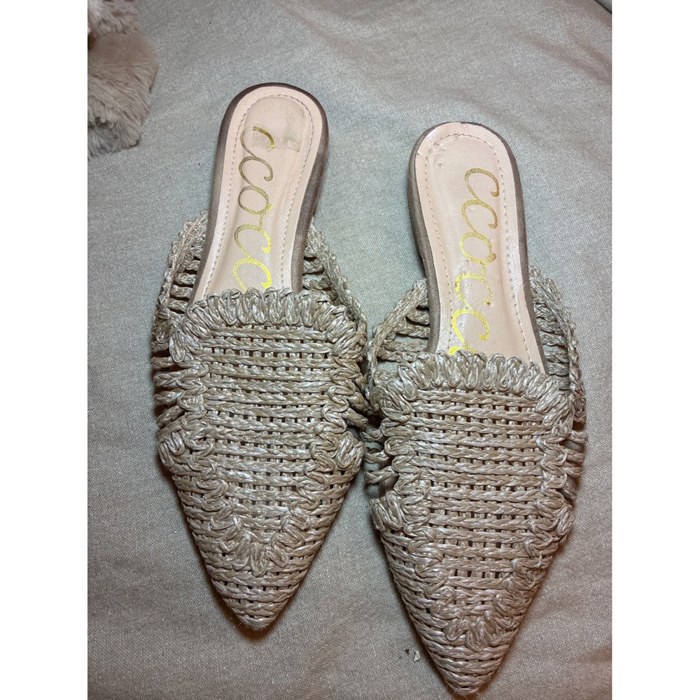 Ccocci Monaco Woven Mules Tan Pointed Toe Raffia Style Flat Slides Womens 7.5